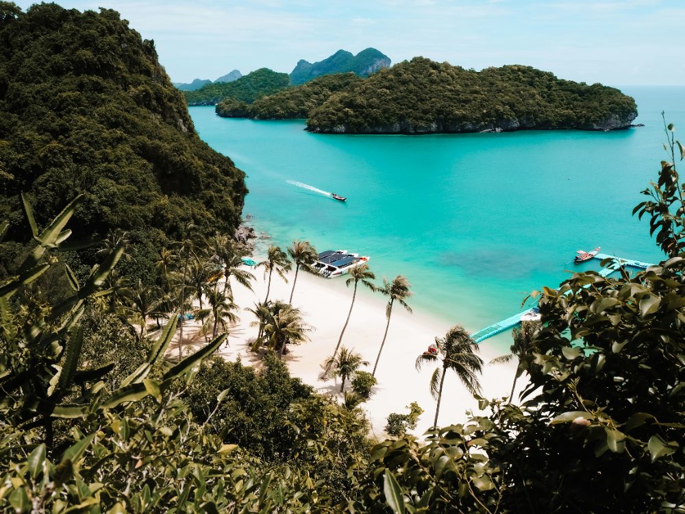 Viewpoint over a white sand beach and turquoise water in Ang Thong Marine Park near Koh Samui Viewpoint over a white sand beach and turquoise water in Ang Thong Marine Park near Koh Samui