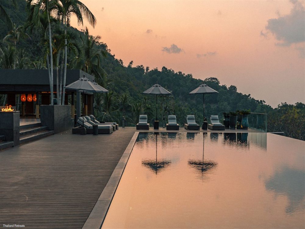Infinity pool at dusk at Shankara Samui Luxury Private Estate, Bang Por, Koh Samui Infinity pool at dusk at Shankara Samui Luxury Private Estate, Bang Por, Koh Samui