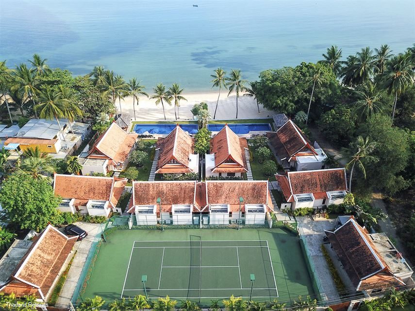 Aerial view of Tawantok Beach Villas, two beachfront villas sharing a tennis court at Lipa Noi, Koh Samui Aerial view of Tawantok Beach Villas, two beachfront villas sharing a tennis court at Lipa Noi, Koh Samui