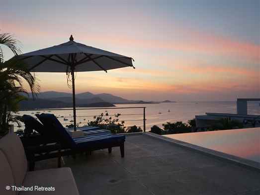 One of a cluster of contemporary style villas elevated above Big Buddha Bay with breathtaking sunset views. Centrally located with easy access to all main towns