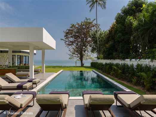 <p>Villa Thansamaay is a modern design luxury 7 bedroom beachfront Koh Samui villa situated on the tranquil south coast offering stunning ocean views within a relaxed and private environment. Perfect for reunions and weddings.&nbsp;<span style="font-size: 10pt; color: #000080;"><strong>Reduced rates for 4,5 &amp; 6 bedroom occupancy only with exclusive use of the villa</strong></span></p>